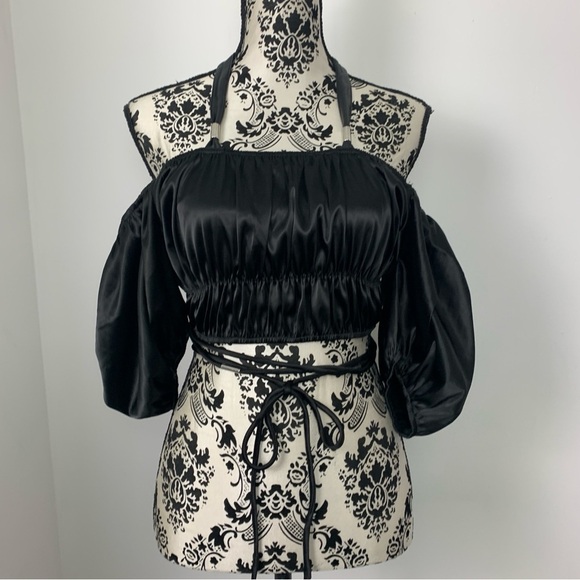 Maniere De Voir Black Satin Puff Sleeve Corset Crop Top - Picture 6 of 10